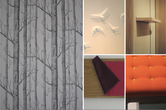 Muster mit Baumstämmen, weißen Vögeln und verschiedenen Textilien und Möbeln.