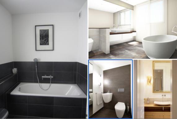 Moderne Badezimmer mit Badewanne, Dusche, Toilette und eleganten Armaturen.