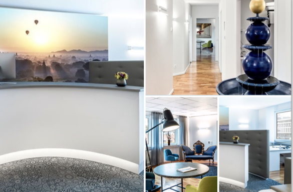 Moderne Empfangsbereiche mit Pflanzen, Möbeln und Kunstwerken in einem hellen Innenraum.