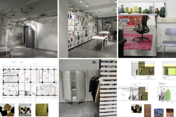 Moderne Büroinfrastruktur mit Arbeitsplätzen, Regalen und technischen Plänen.