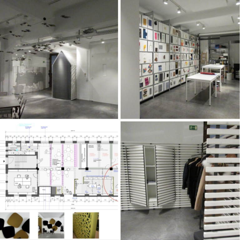 Moderner Innenraum mit Regalen, Tischen und einem Grundrissplan. Minimalistische Einrichtung.