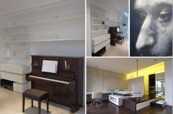 Ein modernes, minimales Interieur mit Klavier, Regalen und stilvollen Wohnbereichen.