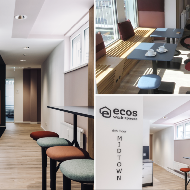 Moderne Büroräume mit Fenstern, Sitzbereichen und stilvollem Dekor.