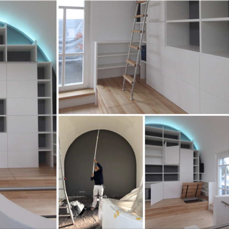 individueller Möbelentwurf der  die Raumform unterstreicht , Beleuchtung integriert,  enormen individuellen Stauraum bietet, architektonisch