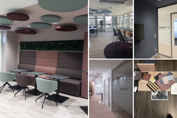 Moderner Büroraum mit Sitzbereichen, Besprechungszimmern und kreativen Designelementen.